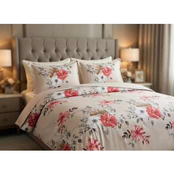 Pościel bawełna 160x200 eleganckie czerwone kwiaty z prześcieradłem – komplet premium 4cz PK820